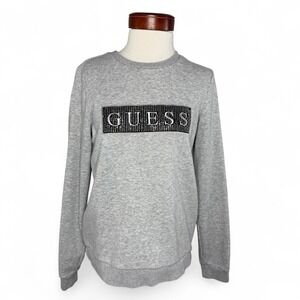 GUESS Gray Rhinestone Logo Sweatshirt Medium Y2K Glam Streetwear Cozy Loungewear